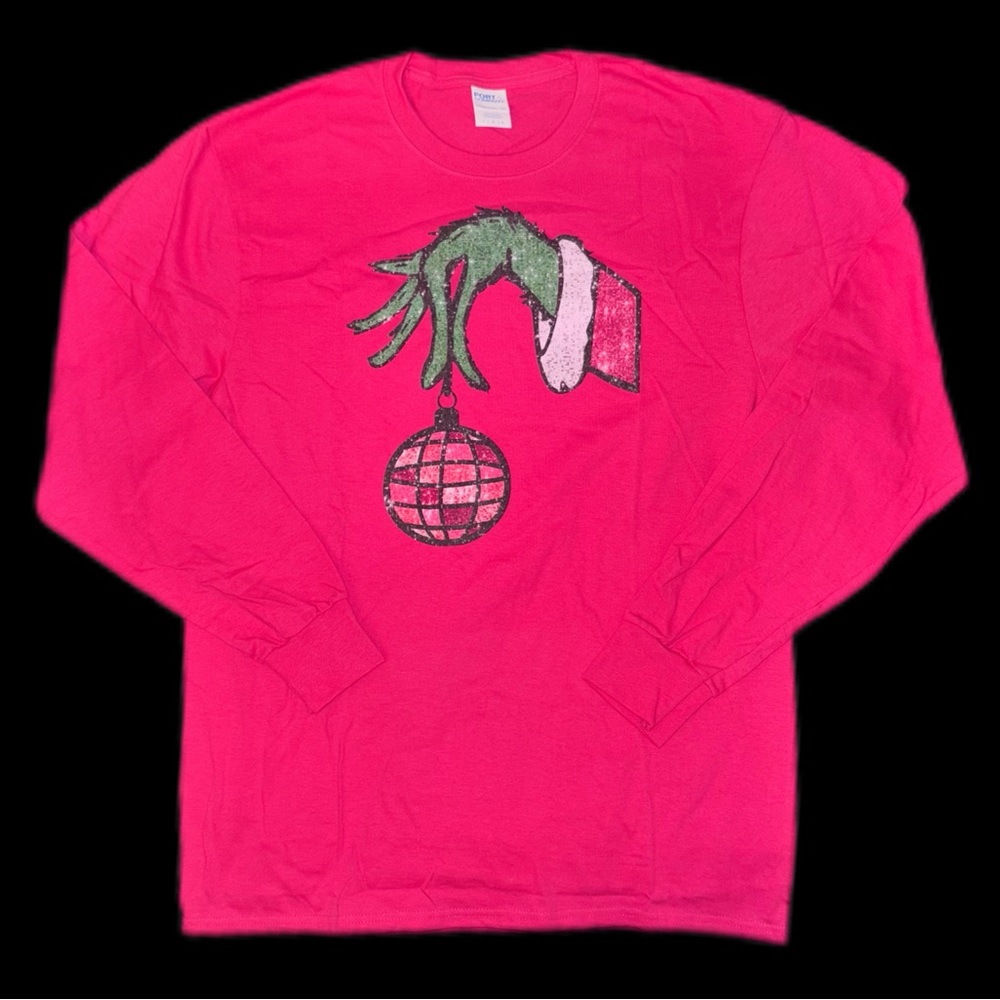 Grinch Port & Company Long Sleeve Pink Essential Tee Size L